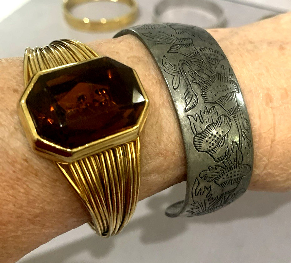 Lot of 9 1980’s Costume Bangle Cuff & Hinged Bracelets India Leonard Pewter +