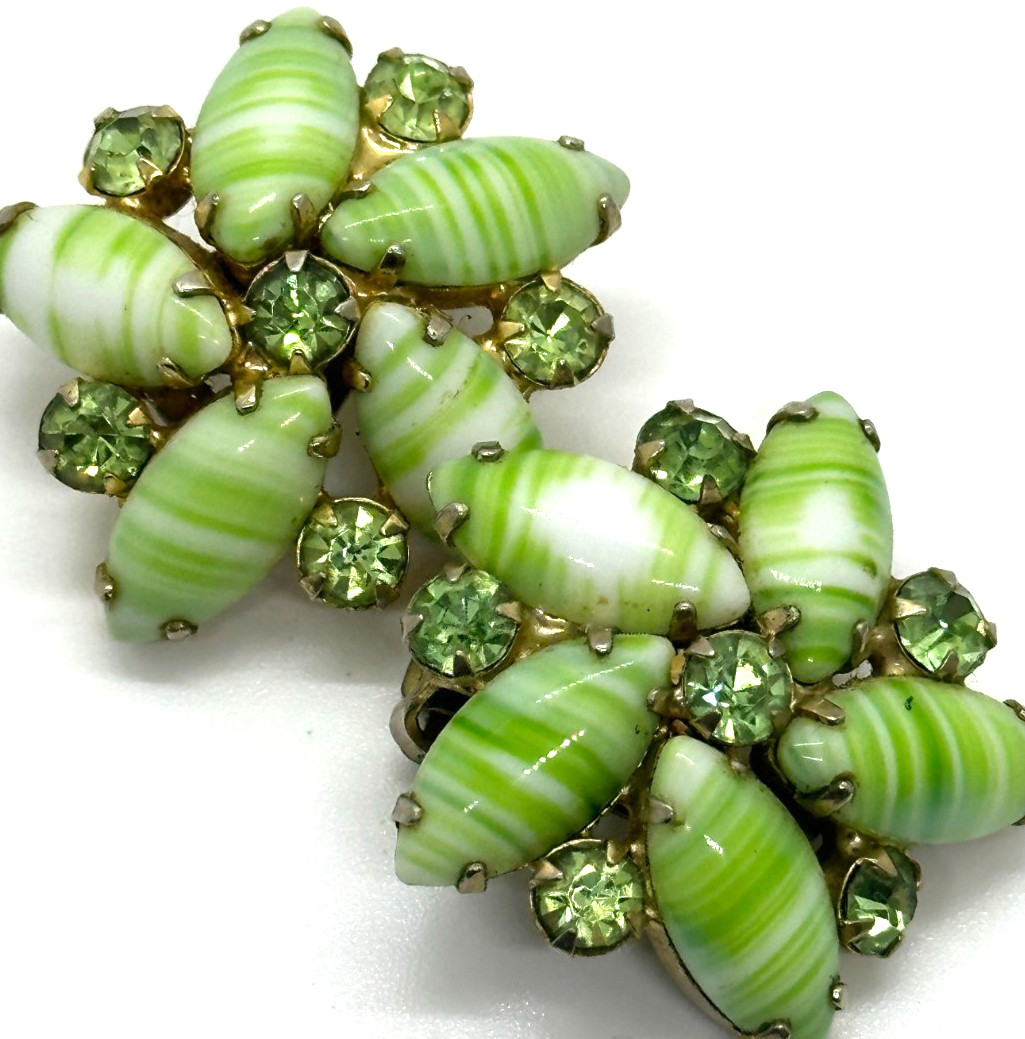 Vintage Green Striped Navette Glass Rhinestone Clip On Earrings Floral Cluster