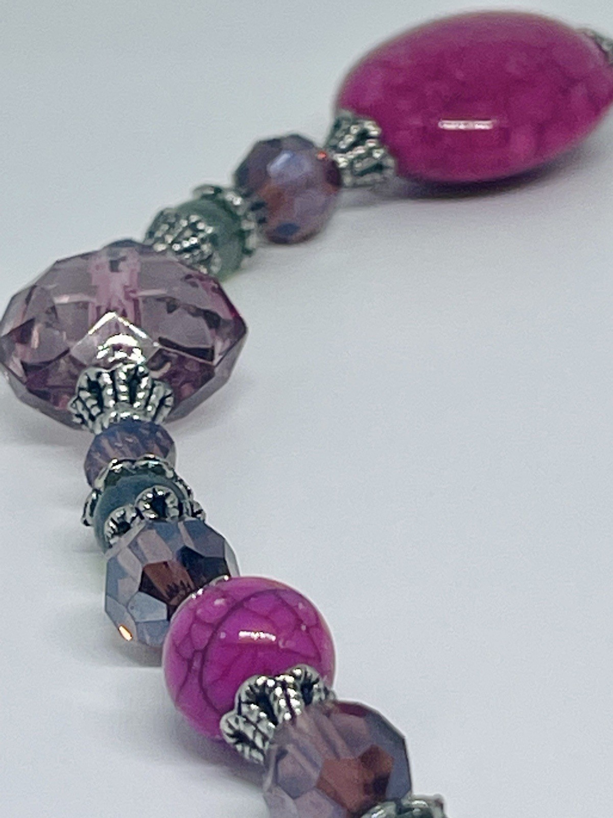 Vintage 80’s Pink And Green Glass And Crystal Bead Necklace & Earrings Set 20”