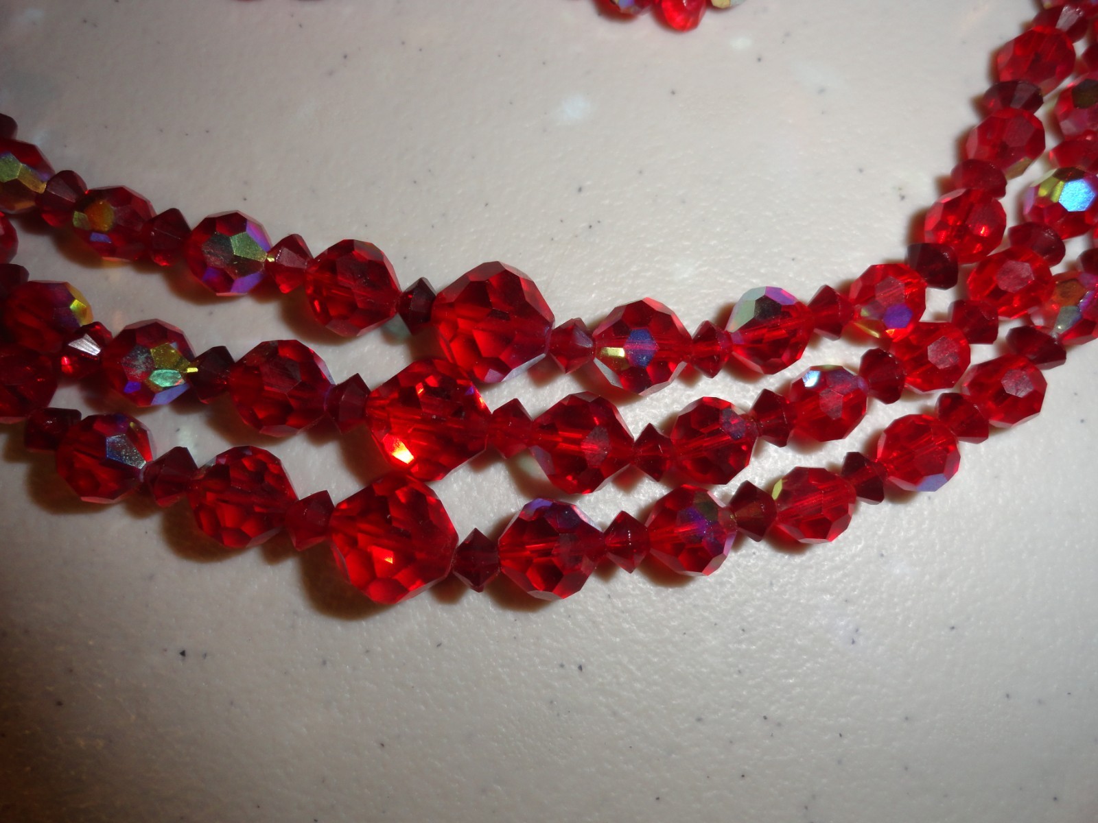 Vintage Parure 3 Strand Red Iridescent Necklace, Clip On Earrings & Bracelet