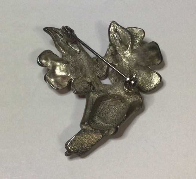 Pewter Flower With Clear Rhinestone Brooch Pin 2 Inches Long Vtg
