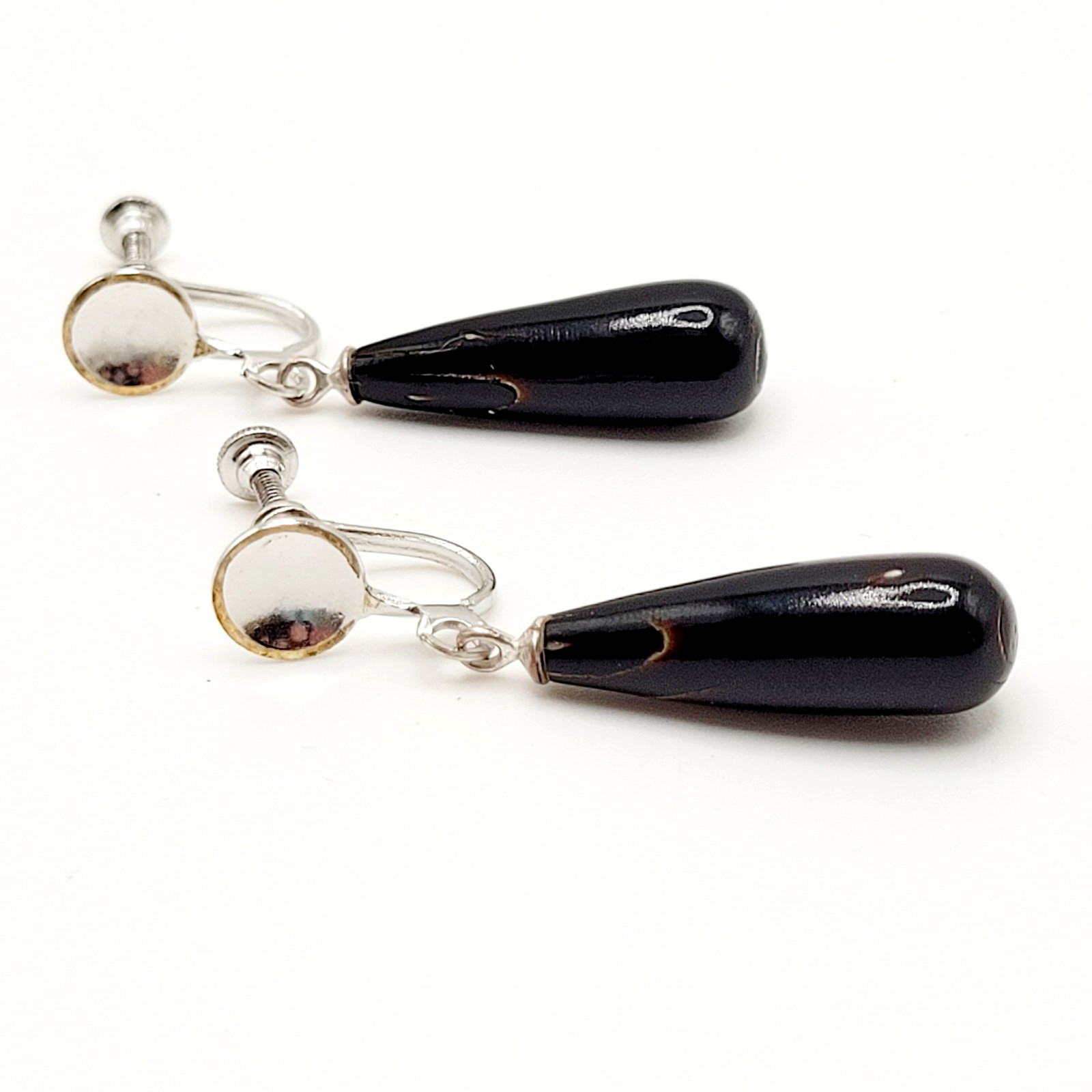 Hawaiian Natural Black Coral Teardrop Torpedo Mixed Tone Vtg Screw Back Earrings