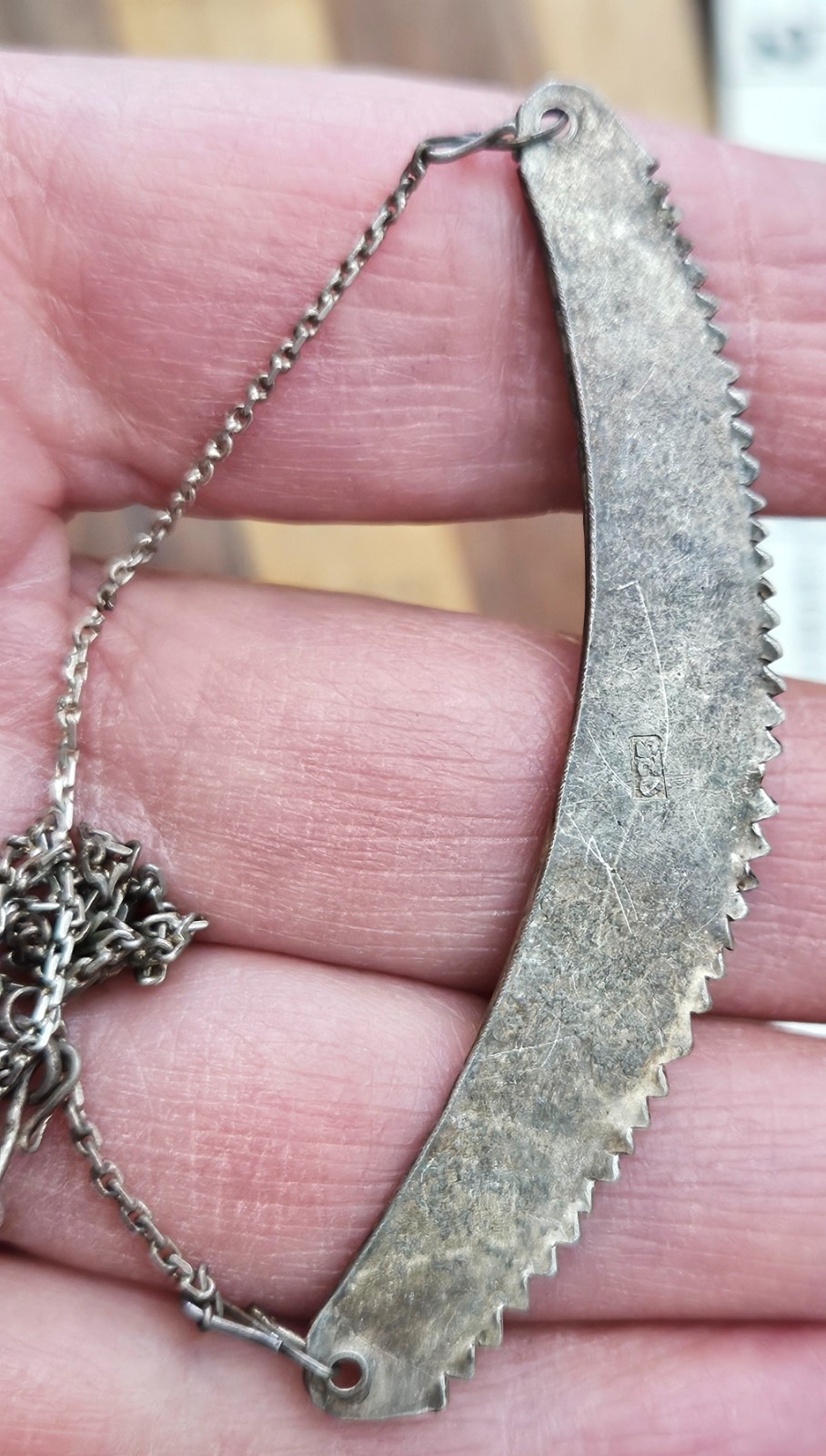 Vintage 925 Sterling Silver Amethyst Embellishments Crescent Necklace 16.5 in
