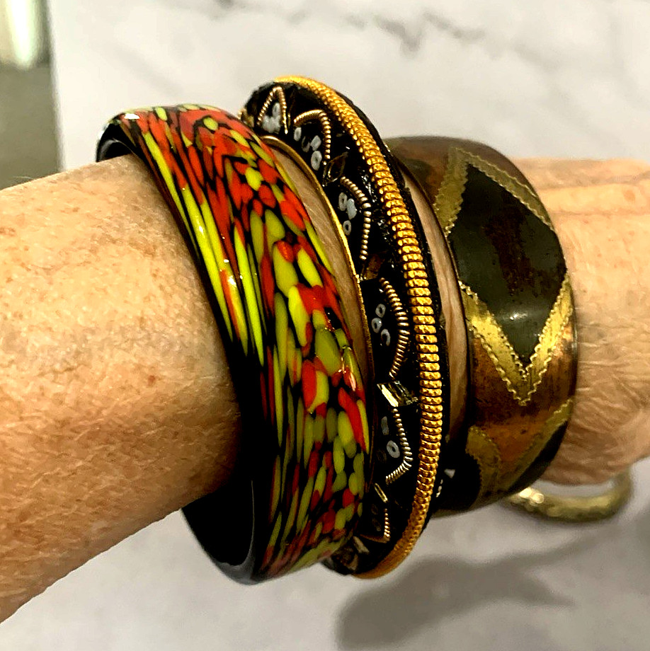 Lot of 9 1980’s Costume Bangle Cuff & Hinged Bracelets India Leonard Pewter +