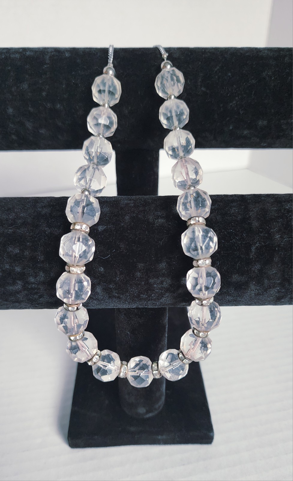 Clear Faceted Crystal Bead Necklace with Rhinestone Spacer Beads