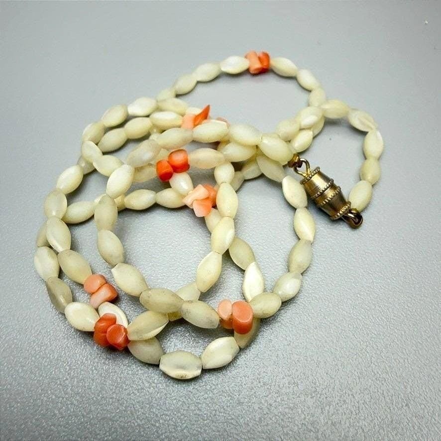 Vintage Mother of Pearl and Coral Bead Necklace 23″ Statement Summer Dainty