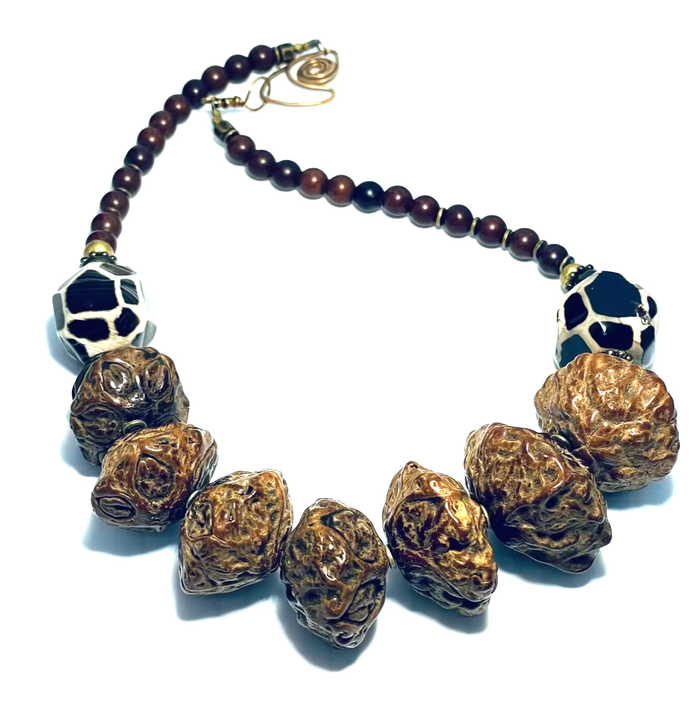 Paldao Dracontomelon Seeds & Honeycomb Agate Necklace Wire Clasp Artisan Vintage