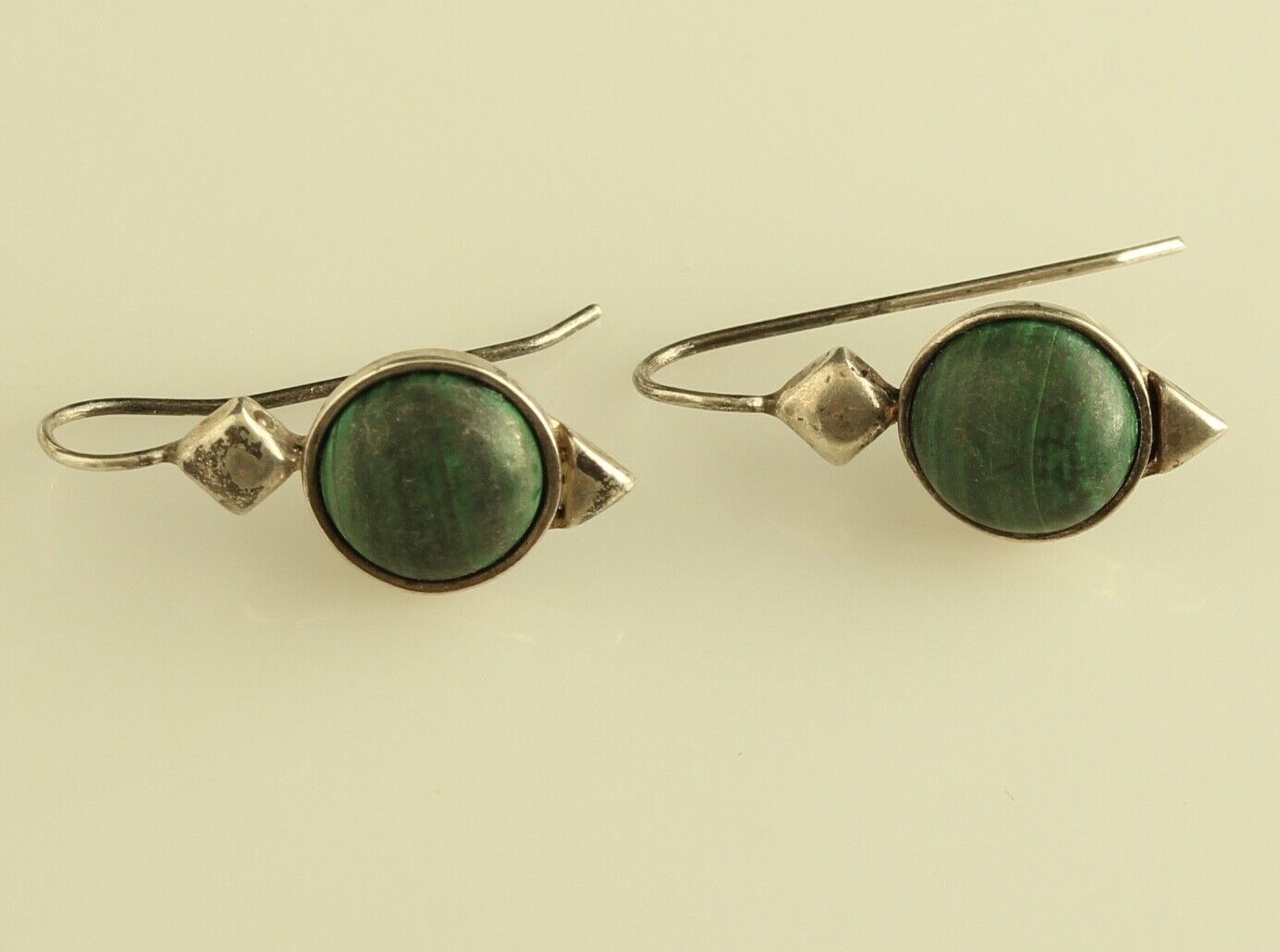 Vintage Sterling Silver malachite oval modernist hook earrings