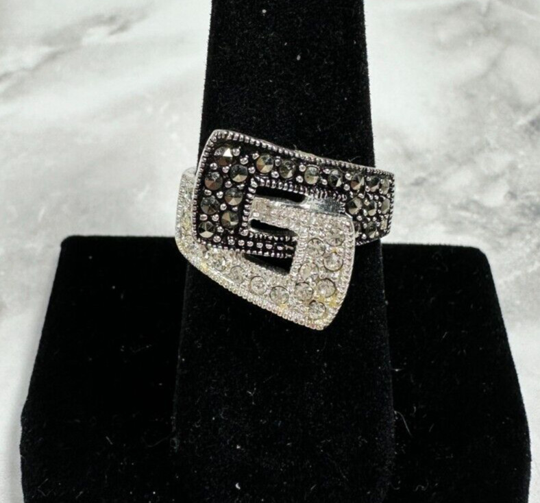 Silver Tone Black & White Belt Buckle Ring with CZs – Size 8