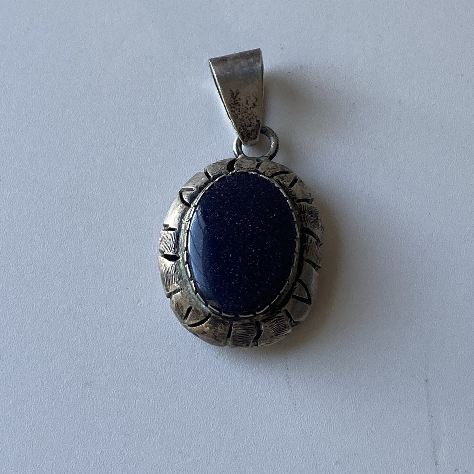 Vintage Sterling Silver 925 Blue Sunstone Pendant Mexico Made Chunky Modernist