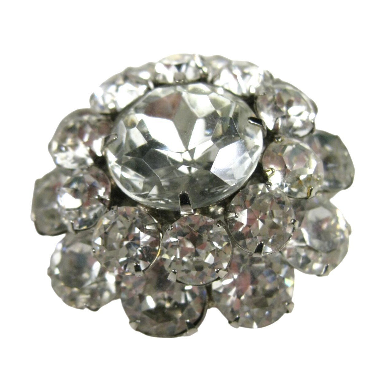 Silver Tone Rhinestone Cluster Brooch Round Domed Vintage Clear