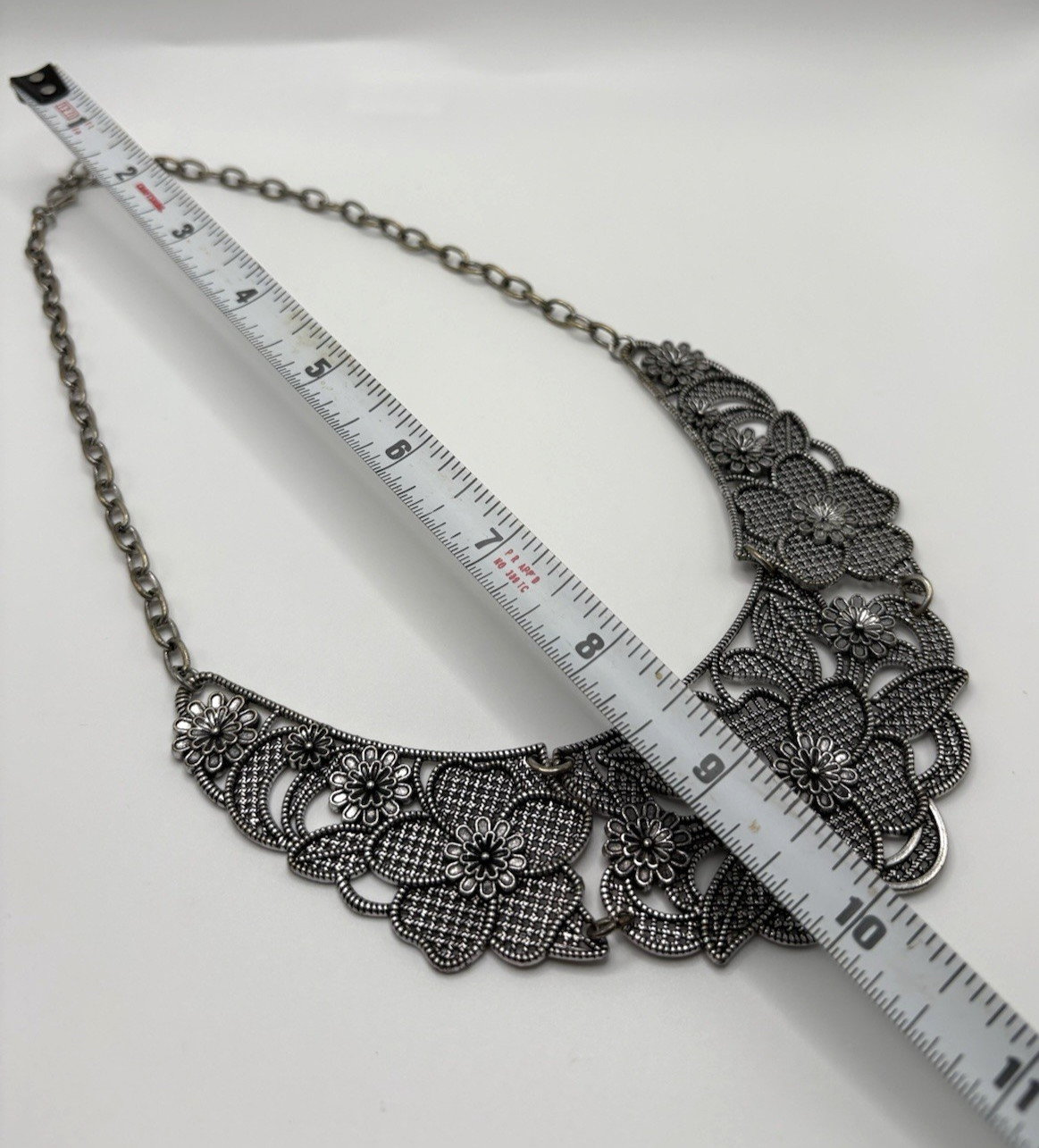 Silver Tone 10″ Vintage Adjustable Necklace & Clip On Earrings Glam Goth