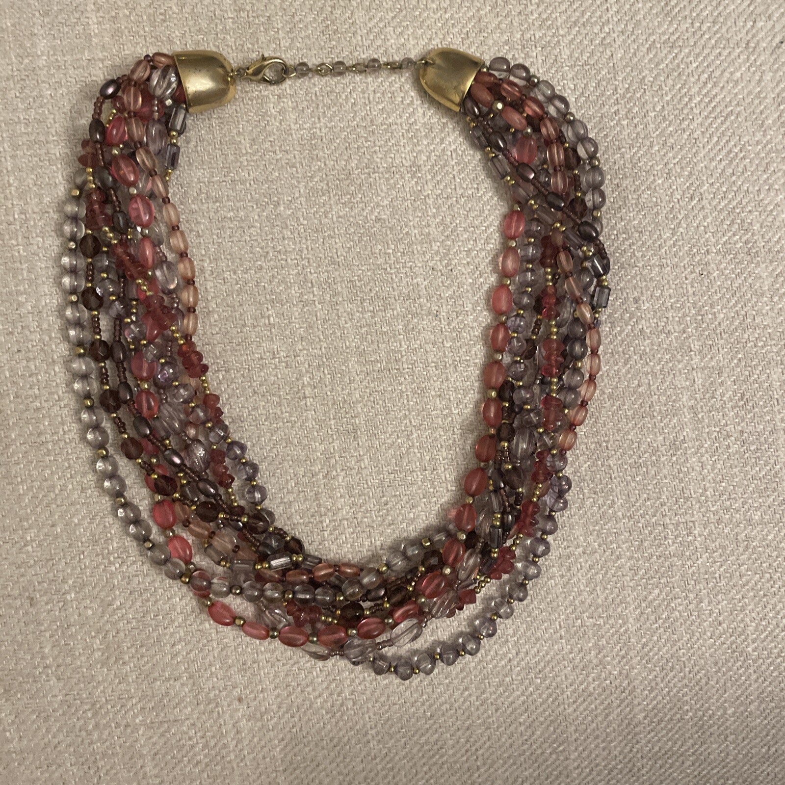 Vintage boho Multi Strand Beaded purple Pink Red Glass Gold Tone Necklace