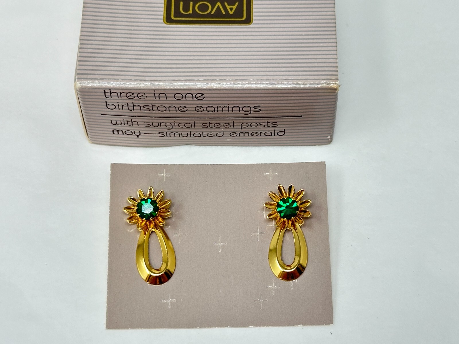 Vintage 1990 Avon MAY Green Birthstone Three in One Pierced Earrings With Box