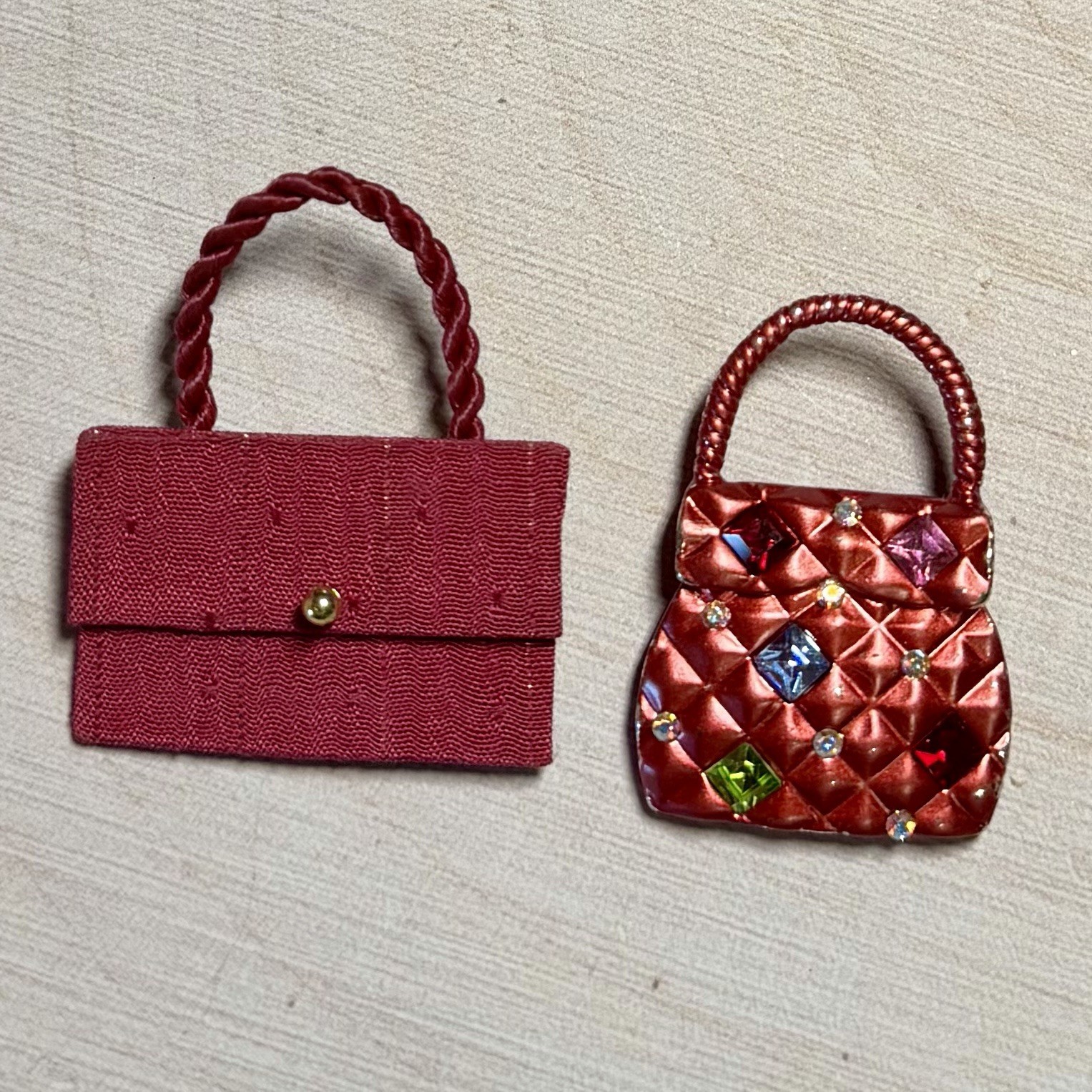 Lot Of 2 Vintage Red Handbag Brooches 1 Enamel & Rhinestone 1 Wymsical Women