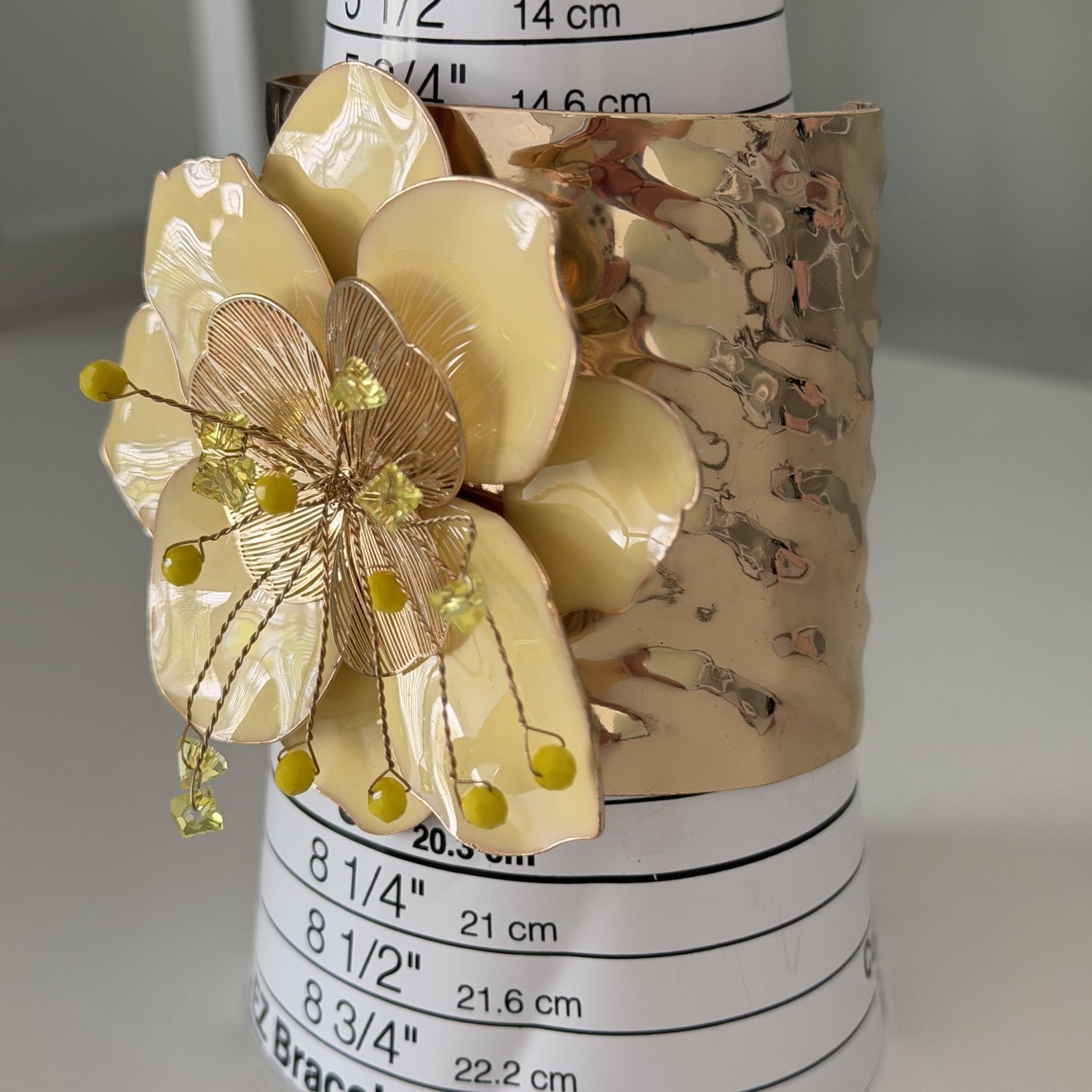 Ladies Huge Flower Statement Cuff Bracelet Yellow Enamel Glass Beaded Gold Tone