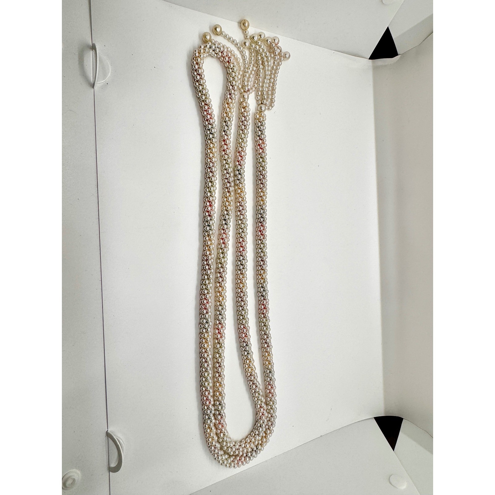 Vintage Faux Pearl Lariat Necklace Multi Strand Woven Tassel Wrap Cream 48 Inch