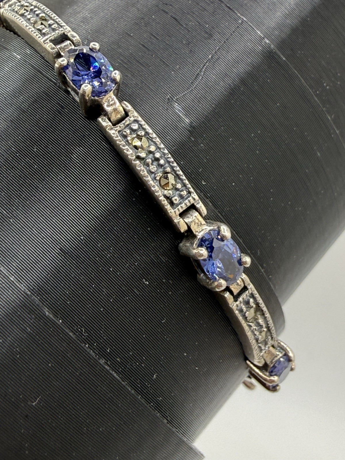 Vintage 925 CW Amethyst Marcasite Stone Panel Link Bracelet Sterling Silver 8”