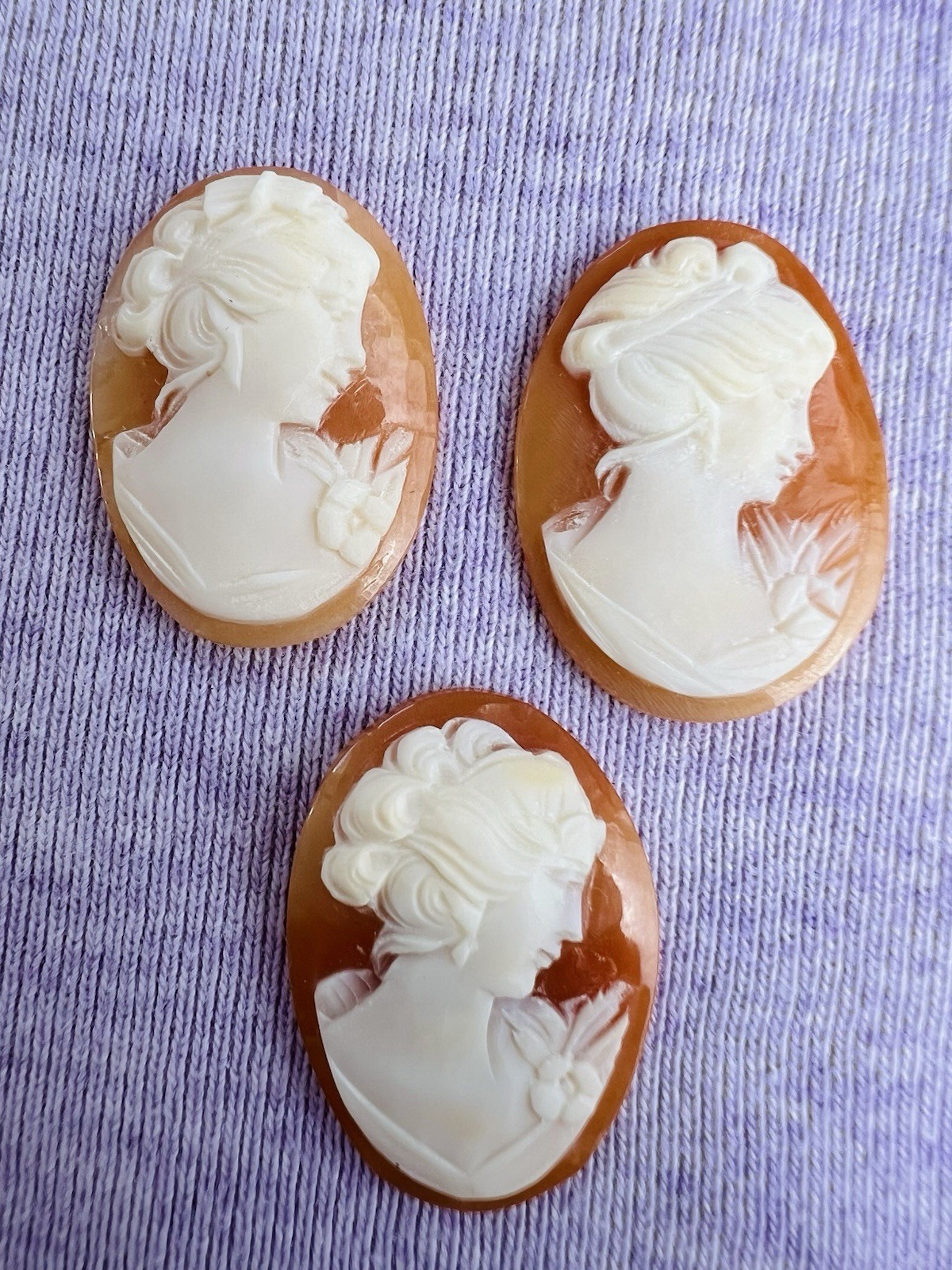 Vtg Hand Carved Shell Cameos (3) Loose Oval Lady Portrait Right Facing 3