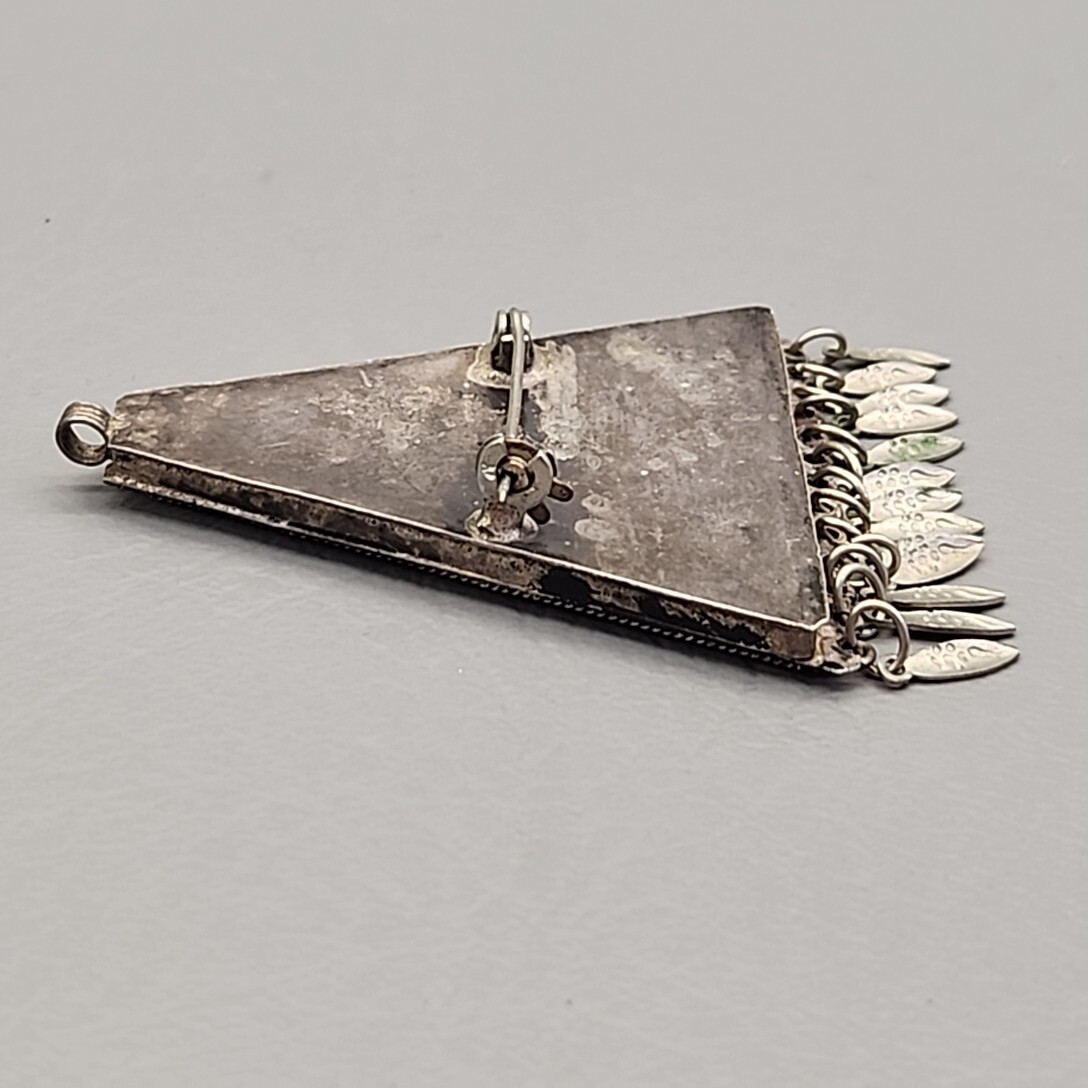 Vintage Triangle Pendant Filigree Cannetille Blue Glass Beads Silver Tone 2.5″