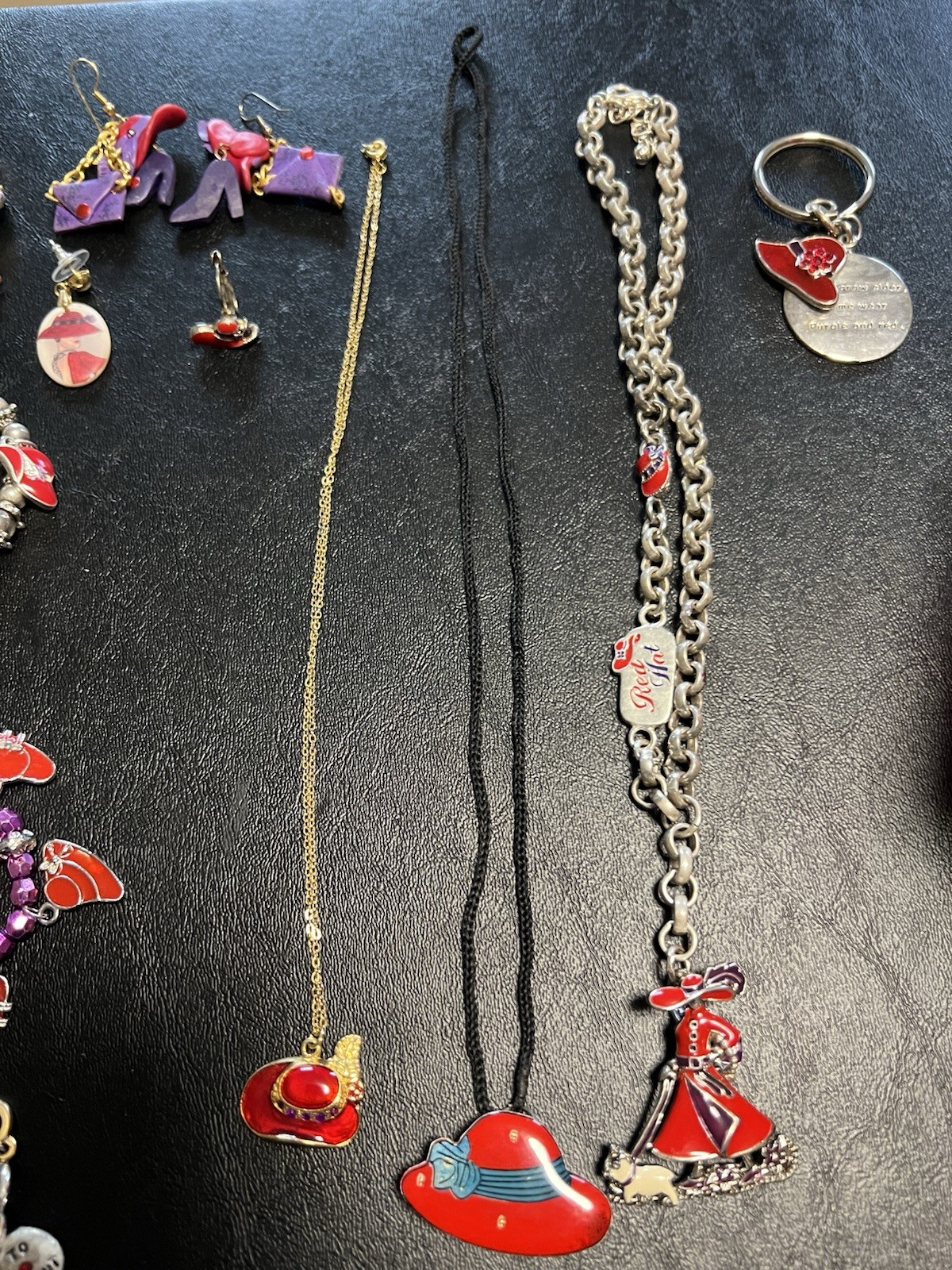 Red Hat Society Jewelry Lot Of 54 Brooches Bracelets Watch Necklaces Charms Box