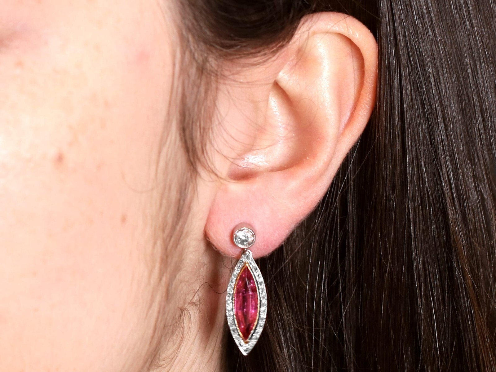 5.60Ct Pink Tourmaline and 1.10Ct Diamond, Platinum Drop Earrings Circa 1925