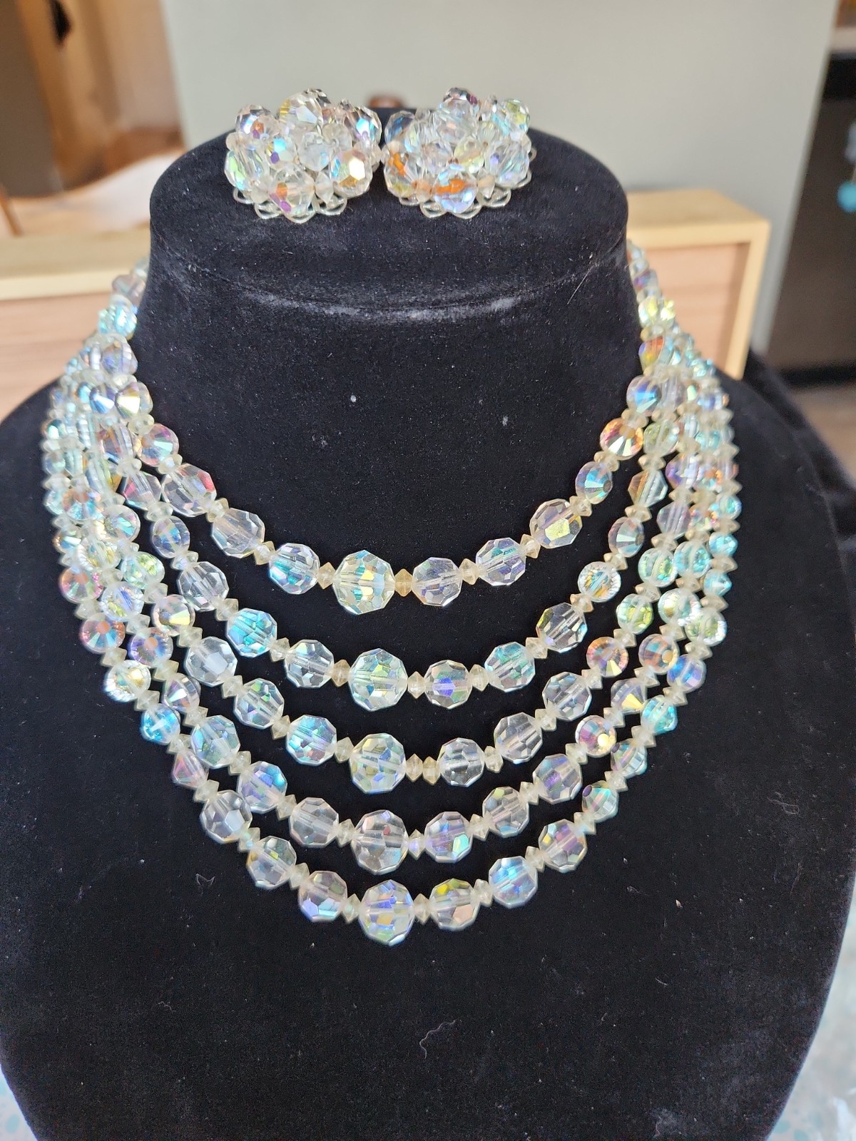 VINTAGE AURORA BOREALIS AB FACETED FIVE (5) STRAND CRYSTAL NECKLACE 11-16”