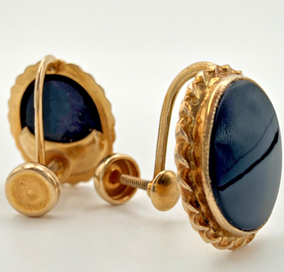 Vintage BDA 10K Gold Black Onyx Screw Back Earrings Oval Cabochon Estate 3.12g