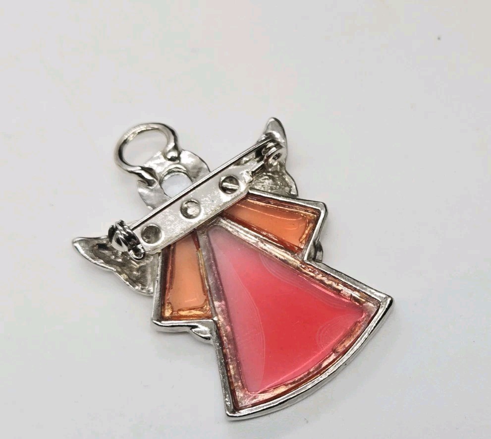 Angel Brooch Pink Glass Pin Silver tone Wings and Halo Deco Guardian 1.75 in