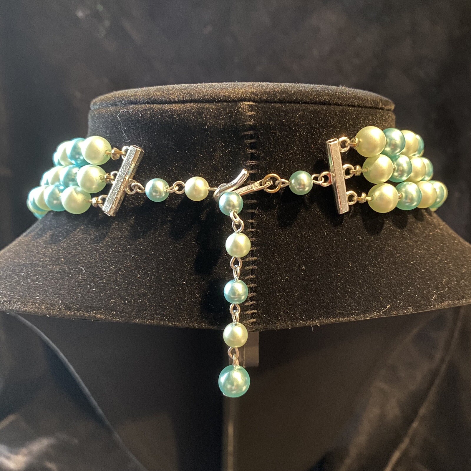 Vintage JAPAN three strand teal blue and white bead necklace. Great condition!
