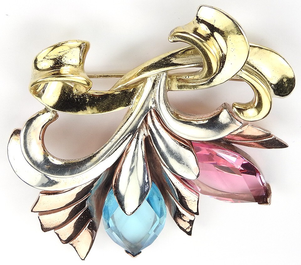 MB Boucher 3 Colour Gold Lozenge Cut Blue & Pink Topaz 2 Flower Spray Pin