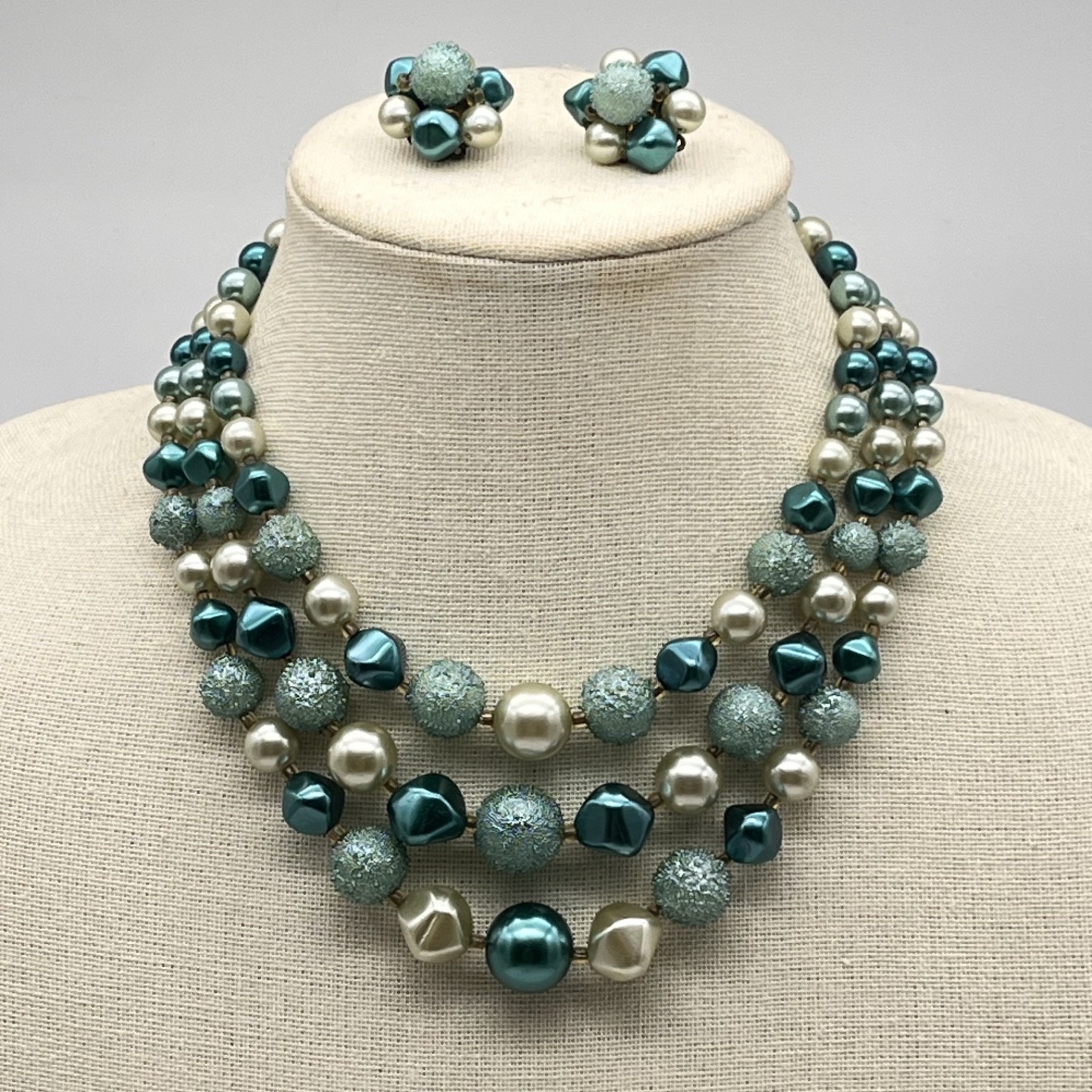 Vintage Green Plastic Jewelry Set Green Beads Triple Strand Necklace Earrings