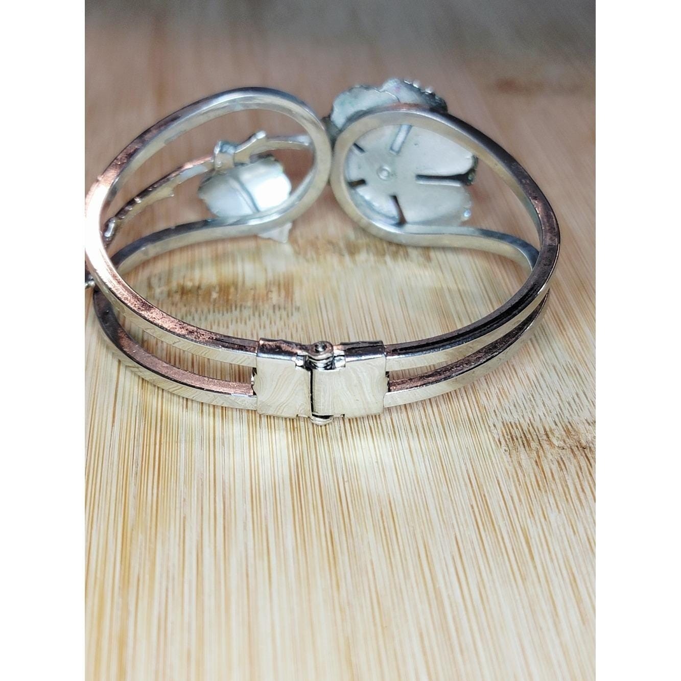 Vintage Silver Tone Rose Clamper Bracelet Hinged Flower Bangle Floral Statement