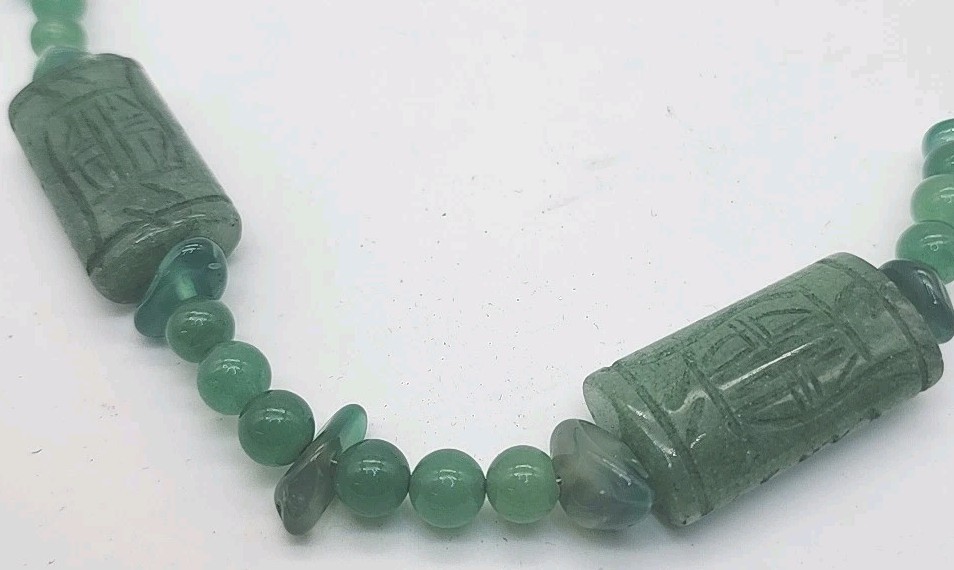 Vintage Green Jade Aventurine Bead Necklace W/Hand Carved Pieces No Clasp 30″