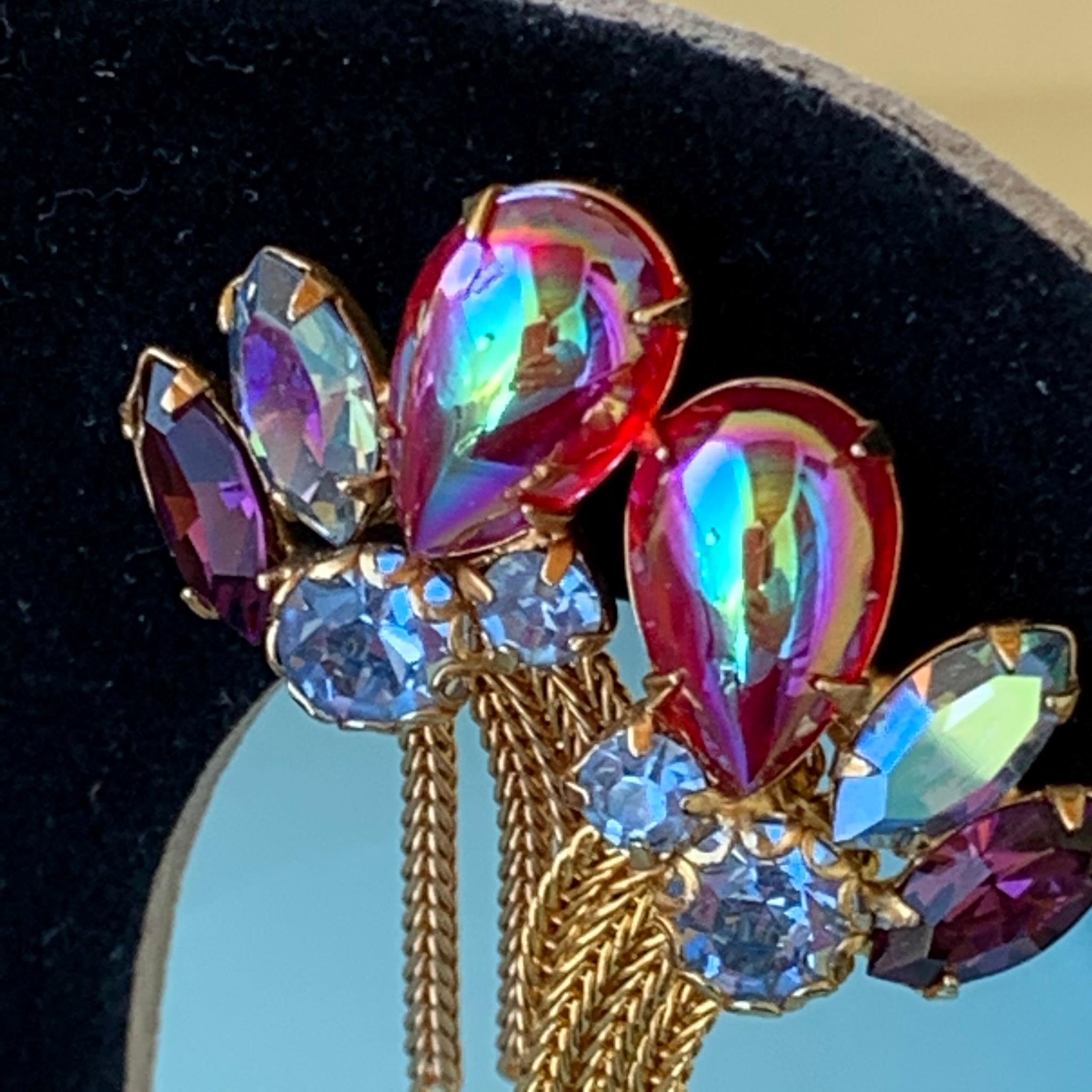 Vintage Dangling Red, Purple and Blue Rhinestone Earrings