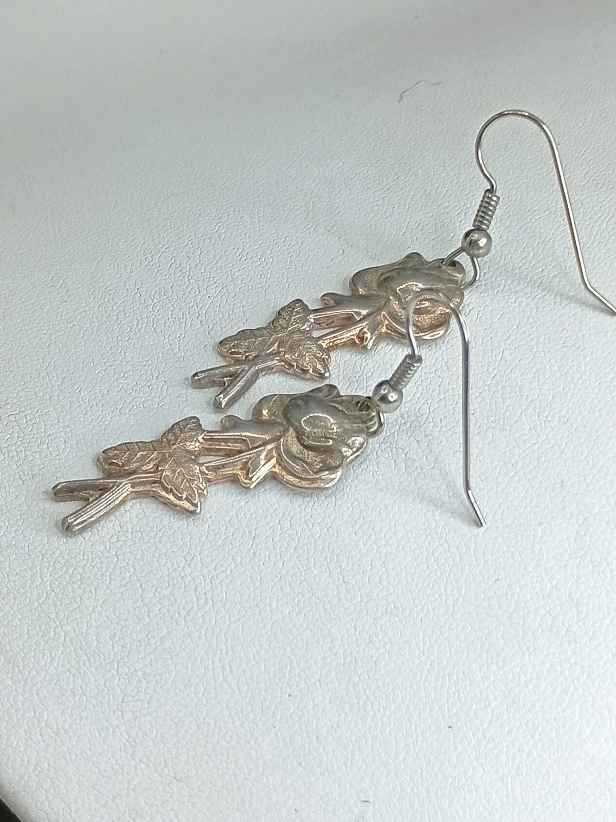 Vintage Rose Flower Pierced Earrings Dangle Hook Silver Untested Not Magnetic 2″