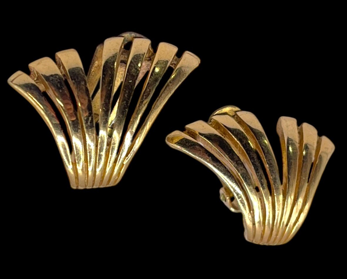 Vintage ORENA Paris Modernist Gold Tone Earrings Clip Ons Fans