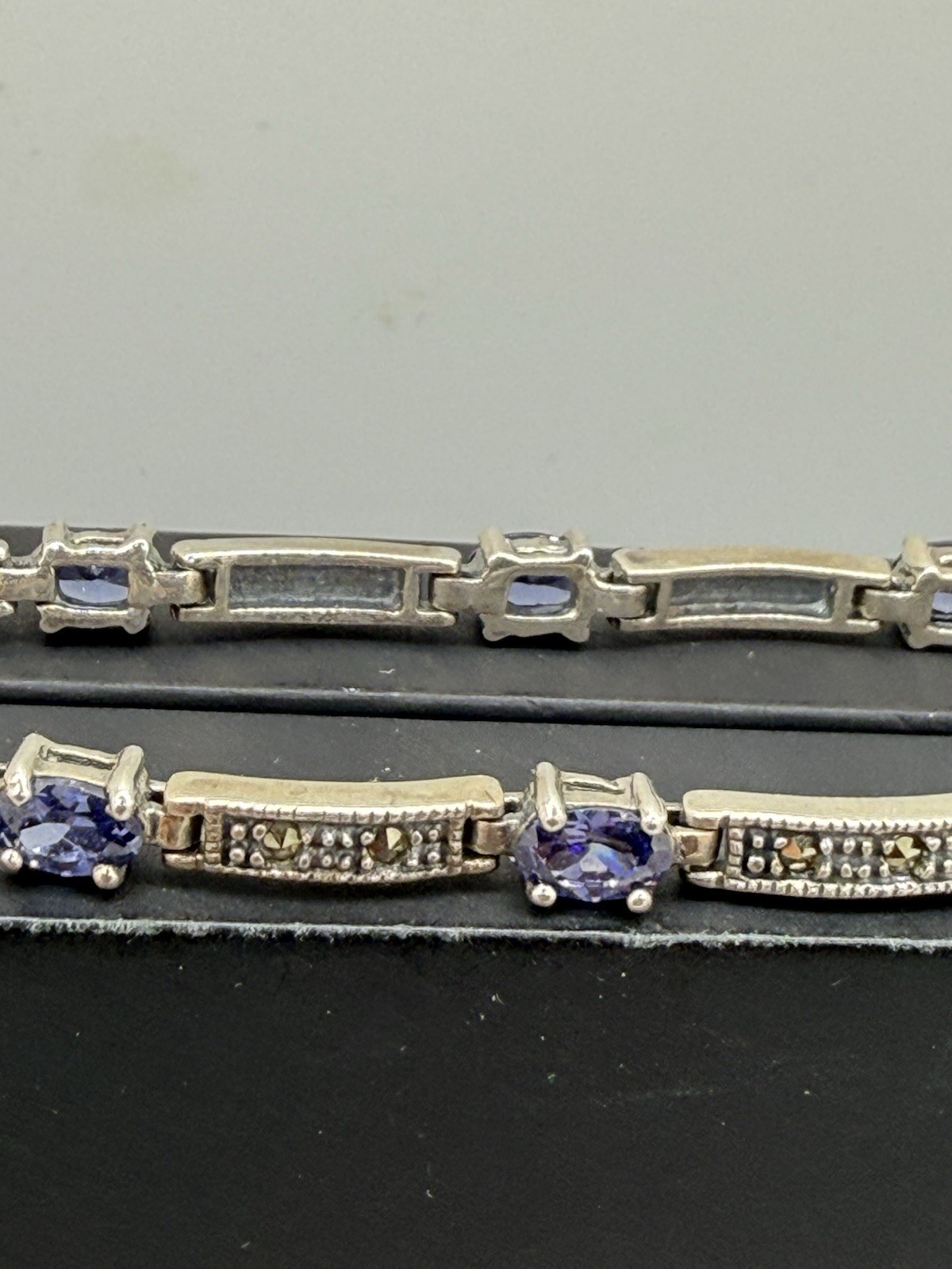Vintage 925 CW Amethyst Marcasite Stone Panel Link Bracelet Sterling Silver 8”
