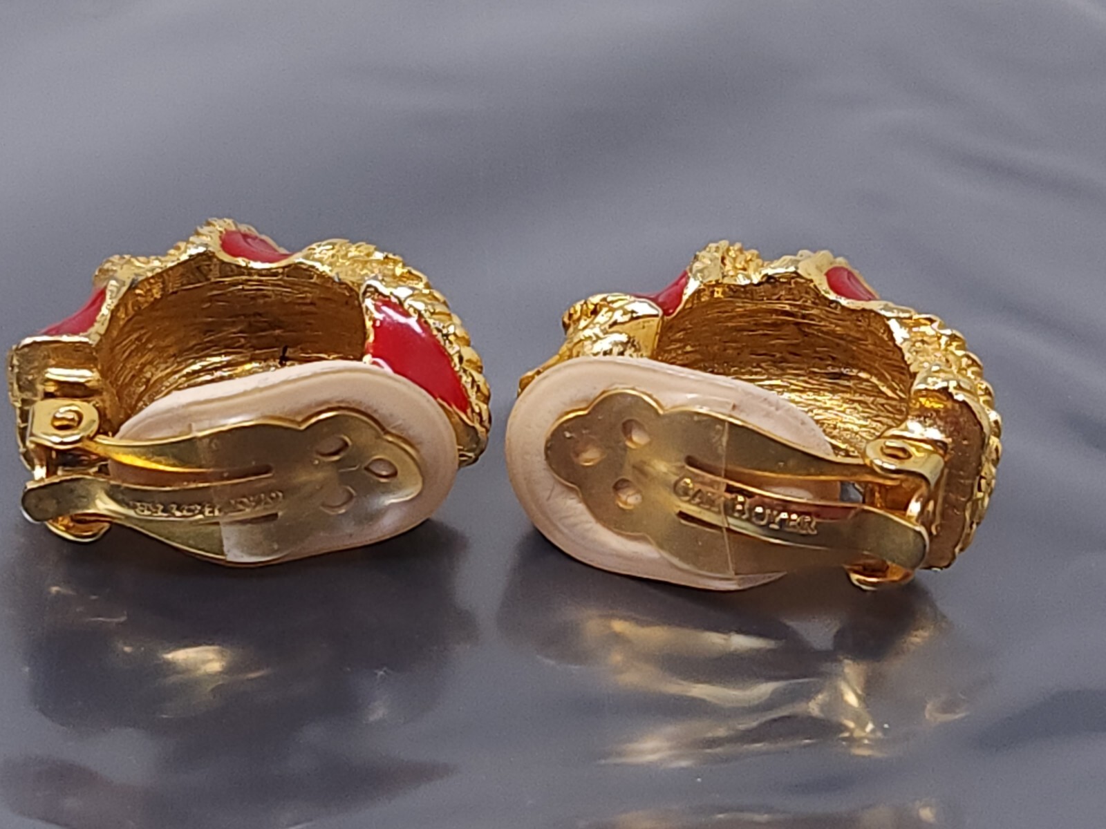 Vintage Gay Boyer Red Enamel Gold tone Hoop Clip Earrings