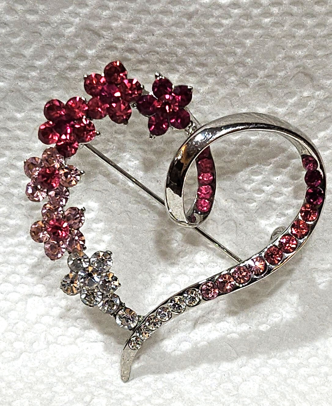 Heart Pin with Red and Pink Flower Stones Vintage