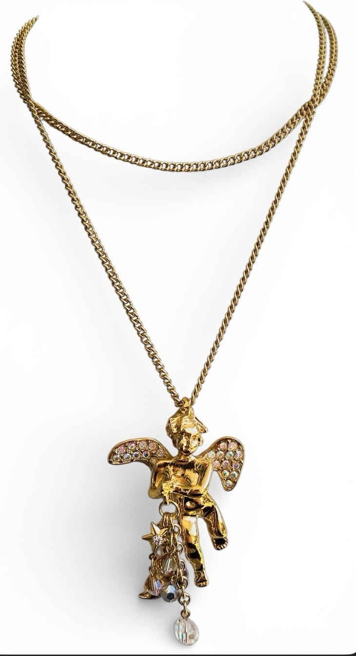 Vintage Signed Kirk’s Folly Angel Cherub Glass Dangle Gold Tone Necklace 28”
