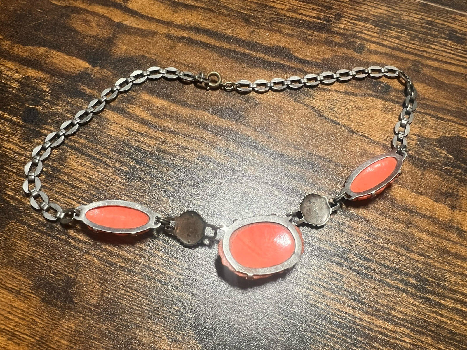 1930’s Deco Sterling Marcasite Coral Glass Necklace Flowers 16”