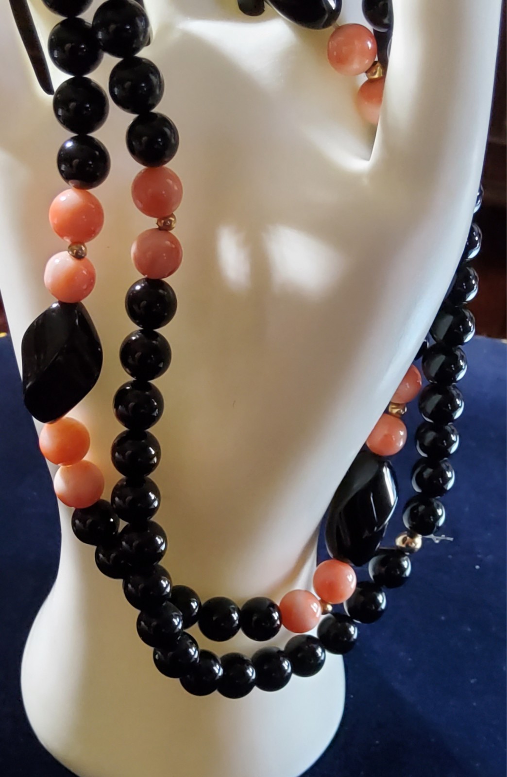 Vtg Black Onyx And Pink Angel Skin Coral Art Deco Necklace / 14kt Gold Fill…