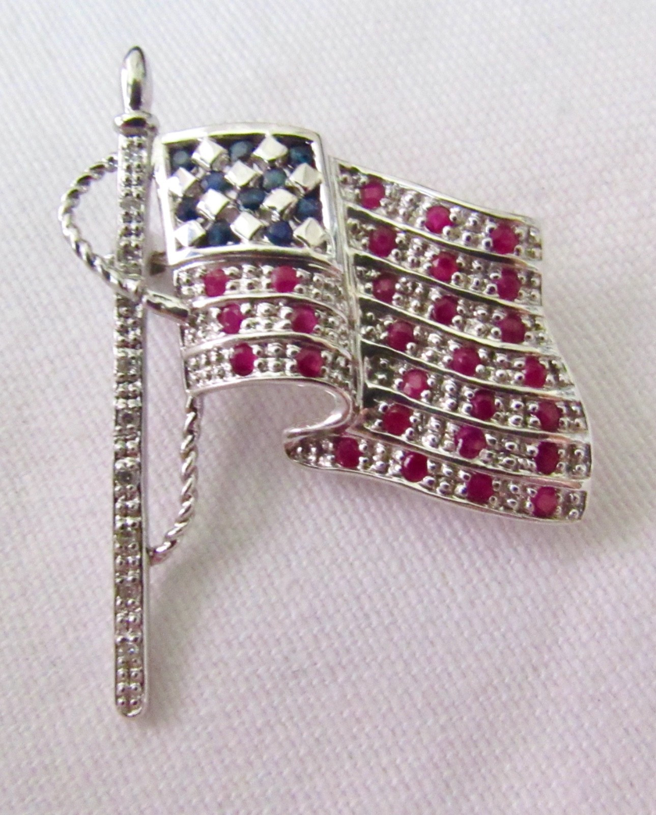 14K White Gold American Flag Pin Brooch Rubies Sapphires Diamonds Patriot