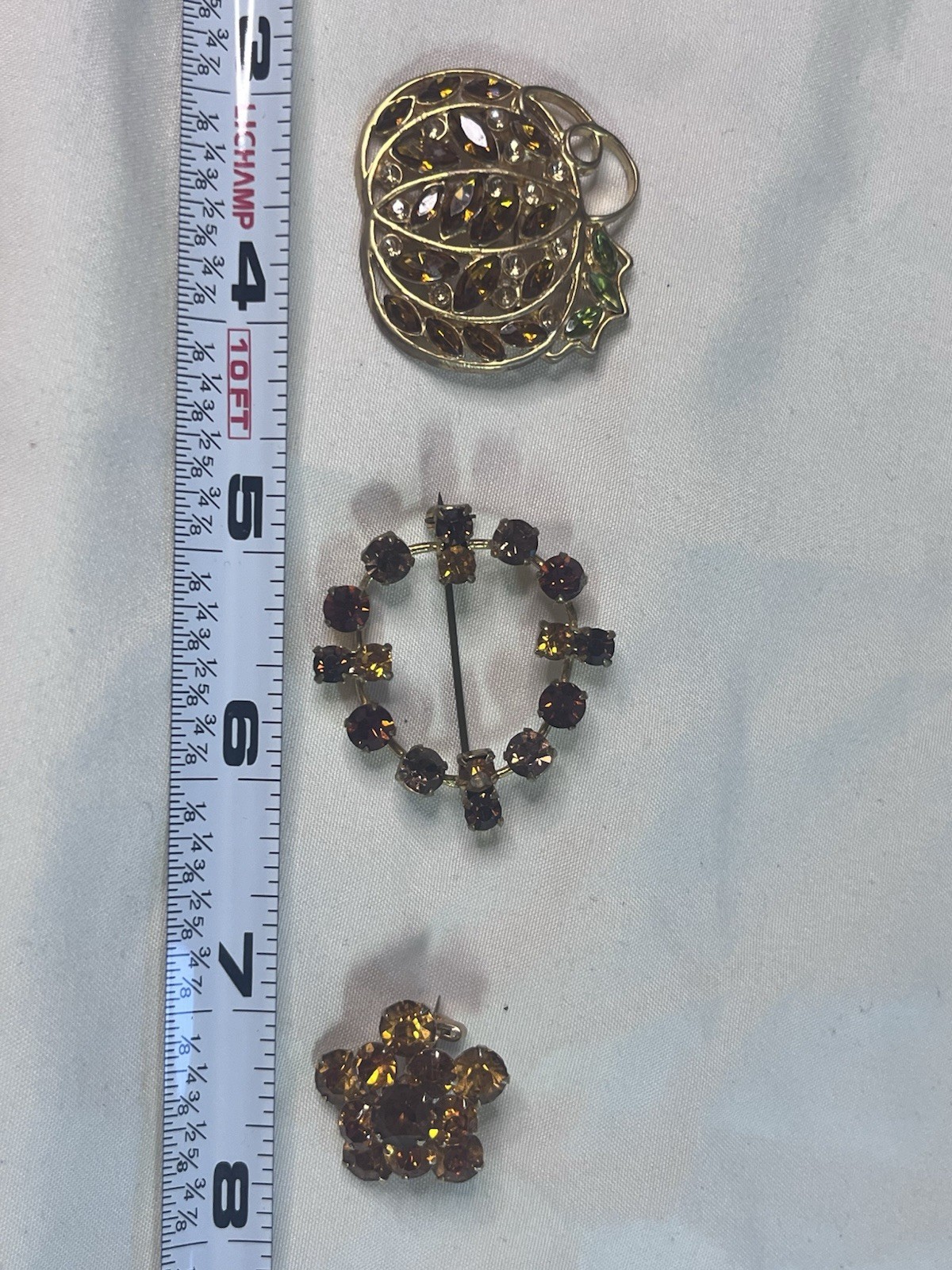 Brooch Pin Lot Rhinestones Amber Gold Brown Fall Colors Lot Of 3 Pumpkin Autumn