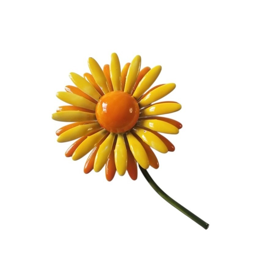 Vintage 1960’s Yellow And Orange Enamel Flower Power Brooch Daisy Mod Layered