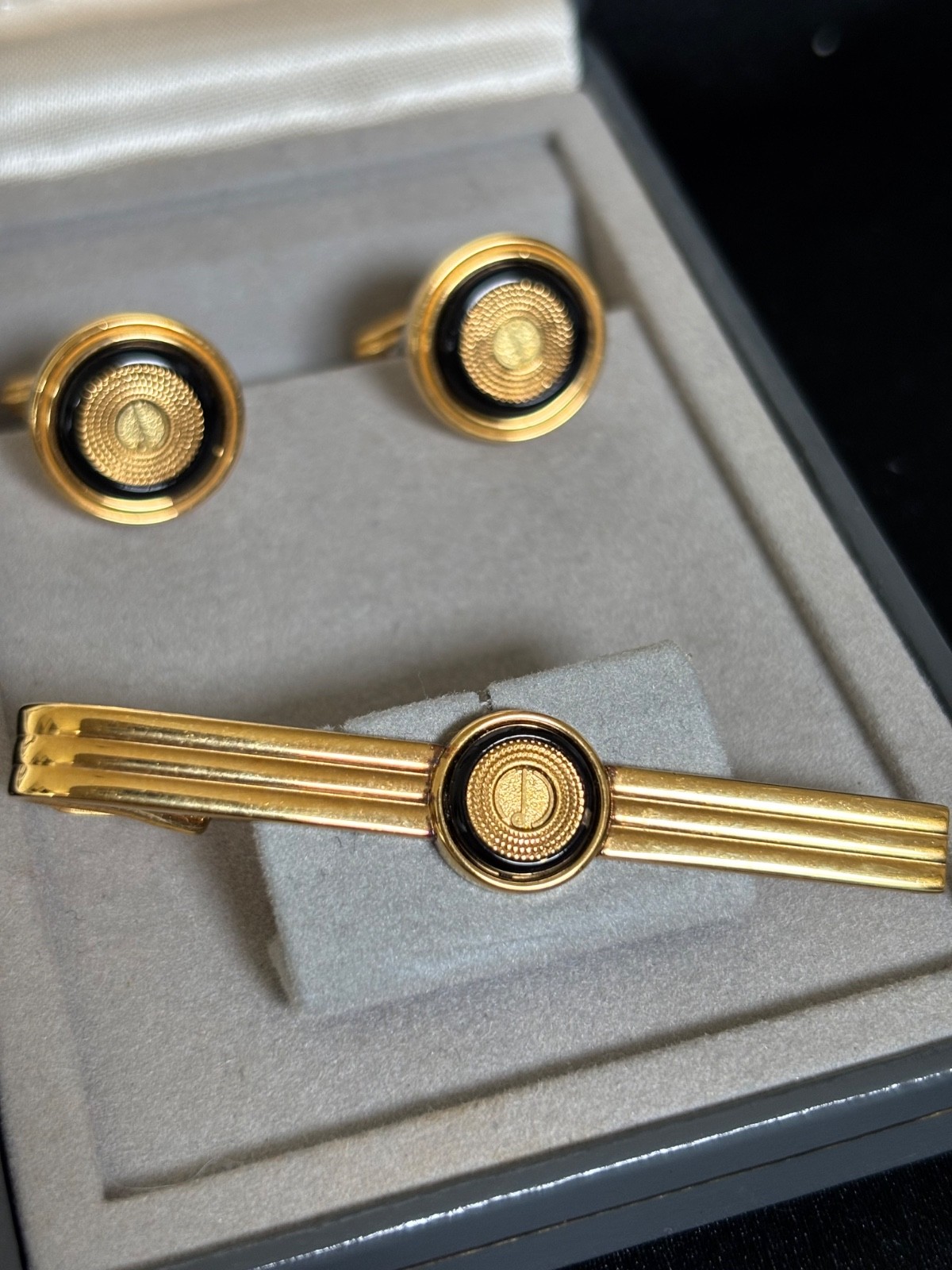 Dunhill Vintage Cufflinks Tie Clip Set Gold Tone Black Onyx Style w/ OG Box