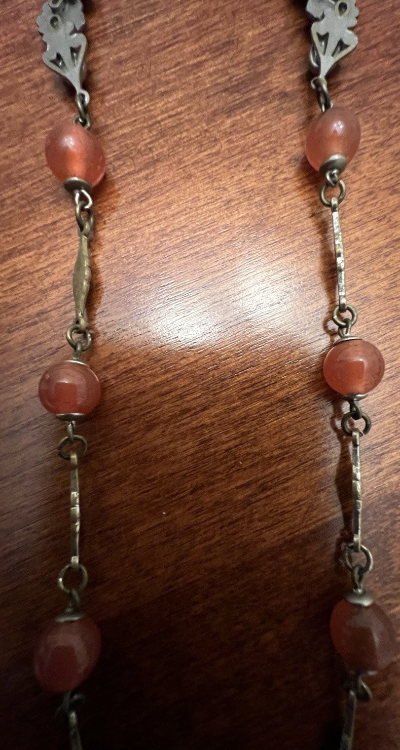 Vintage CZECH Faux Carnelian Glass Enamel Floral Station Pendant Necklace Signed