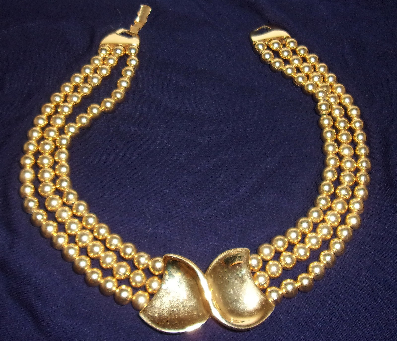 Vintage Tri Strand Beaded Napier Wide Gold Tone Statement Runway Necklace 16″