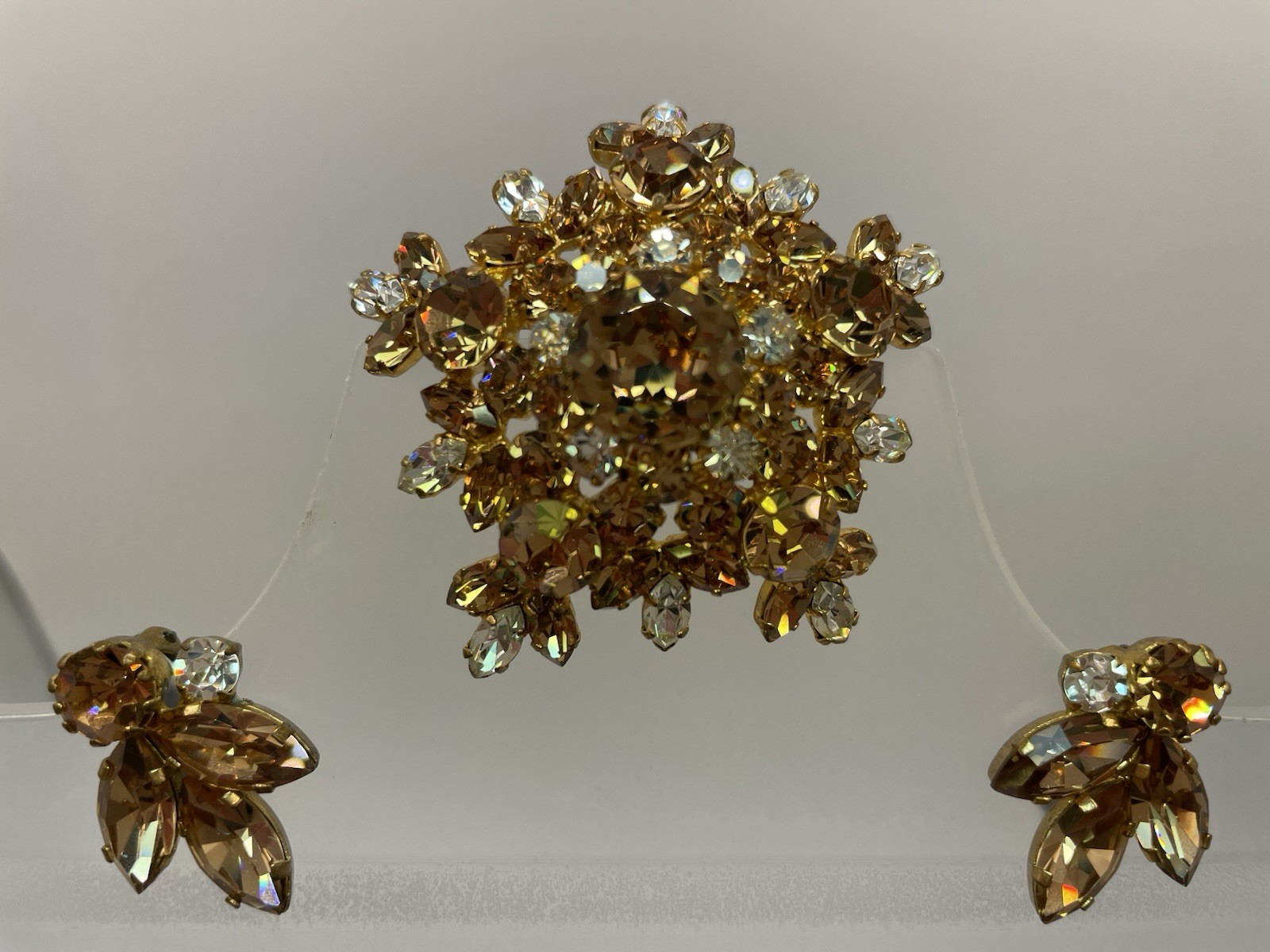Vintage Austrian Signed Brooch And Earrings Featuring Topaz & Clear Rhinestones
